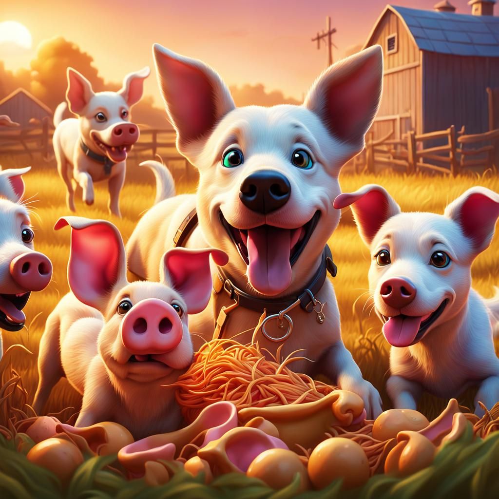 Dogs Playfully Chewing Ears in a Farm Scene