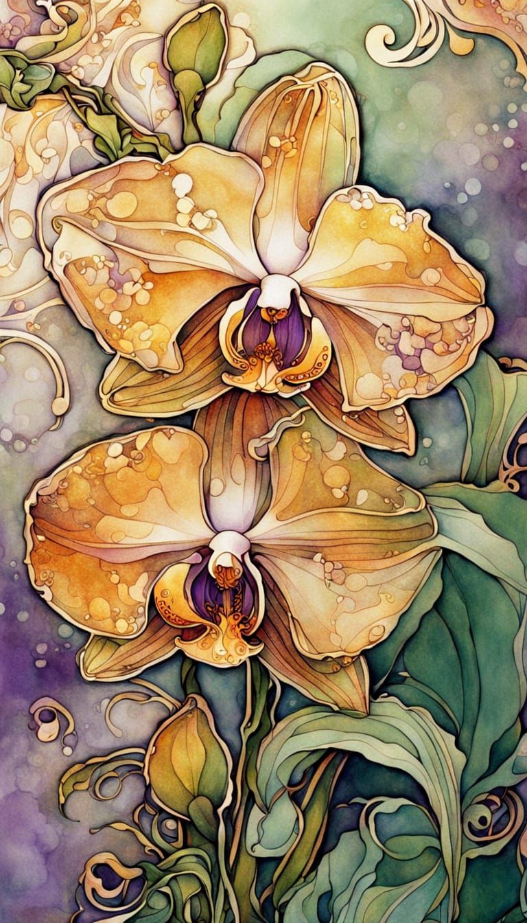 Orchid in Art Nouveau Dripping Ink Style