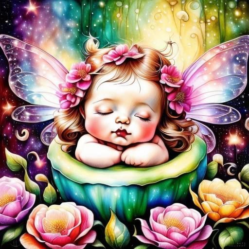 Cute Baby Fairy Asleep in Flower, Ethereal Fantasy Art