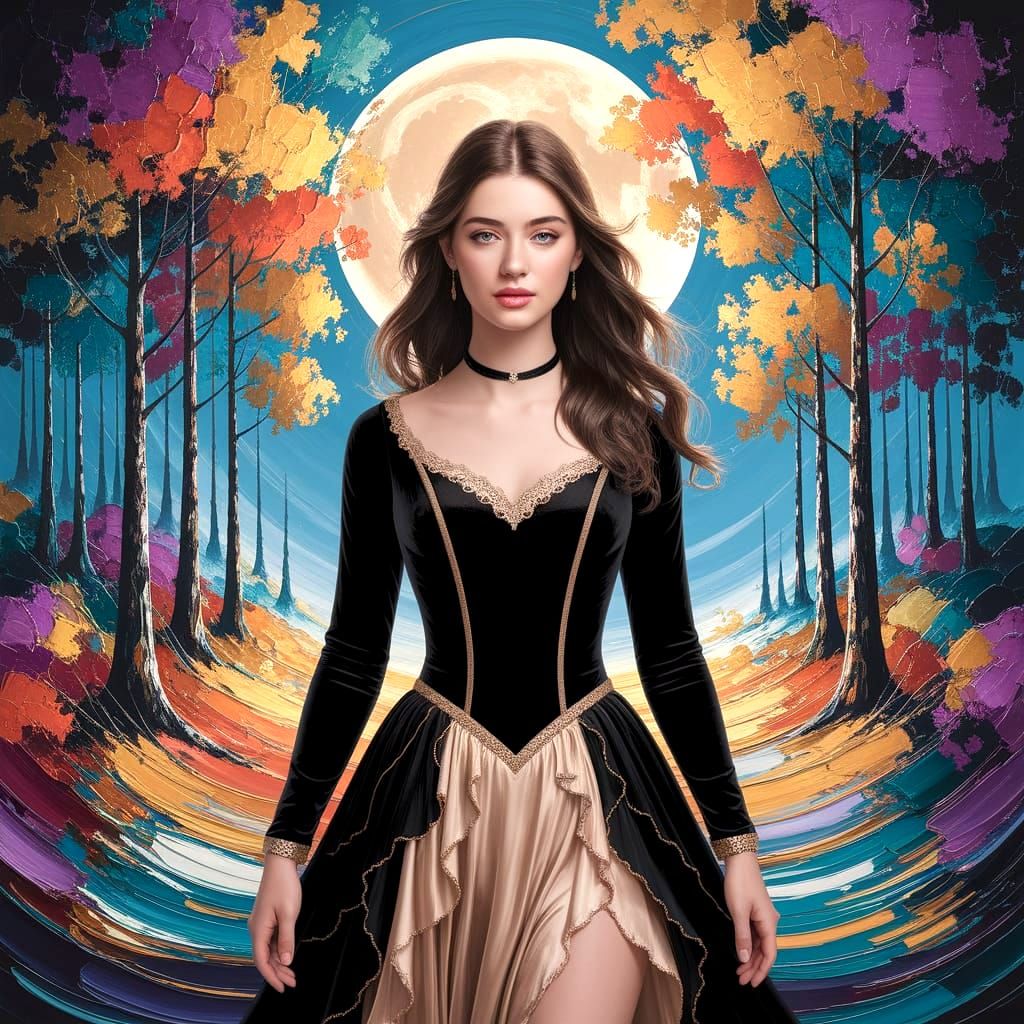 Brunette Woman in Moonlit Forest, Neo-Impressionist Style