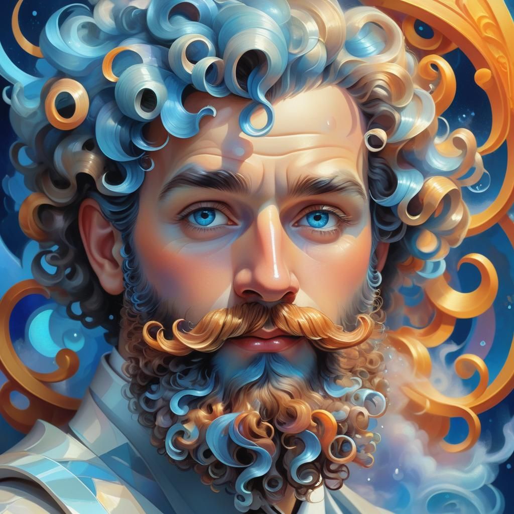 Beard in Ringlet Curls: Cubist Art Deco Holographic Illustra...