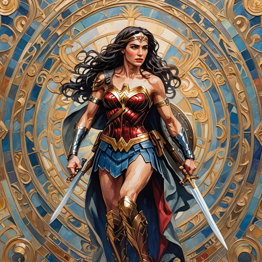 Wonder Woman in Art Nouveau Gouache Style