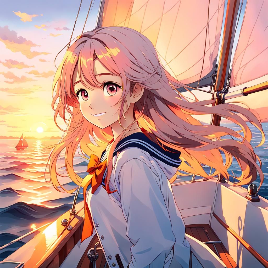 Anime Girl on Sailboat at Sunset in Pastel Hues