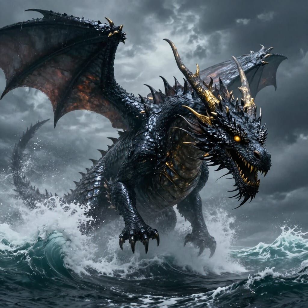 Colossal Dragon Plummets Into Stormy Ocean