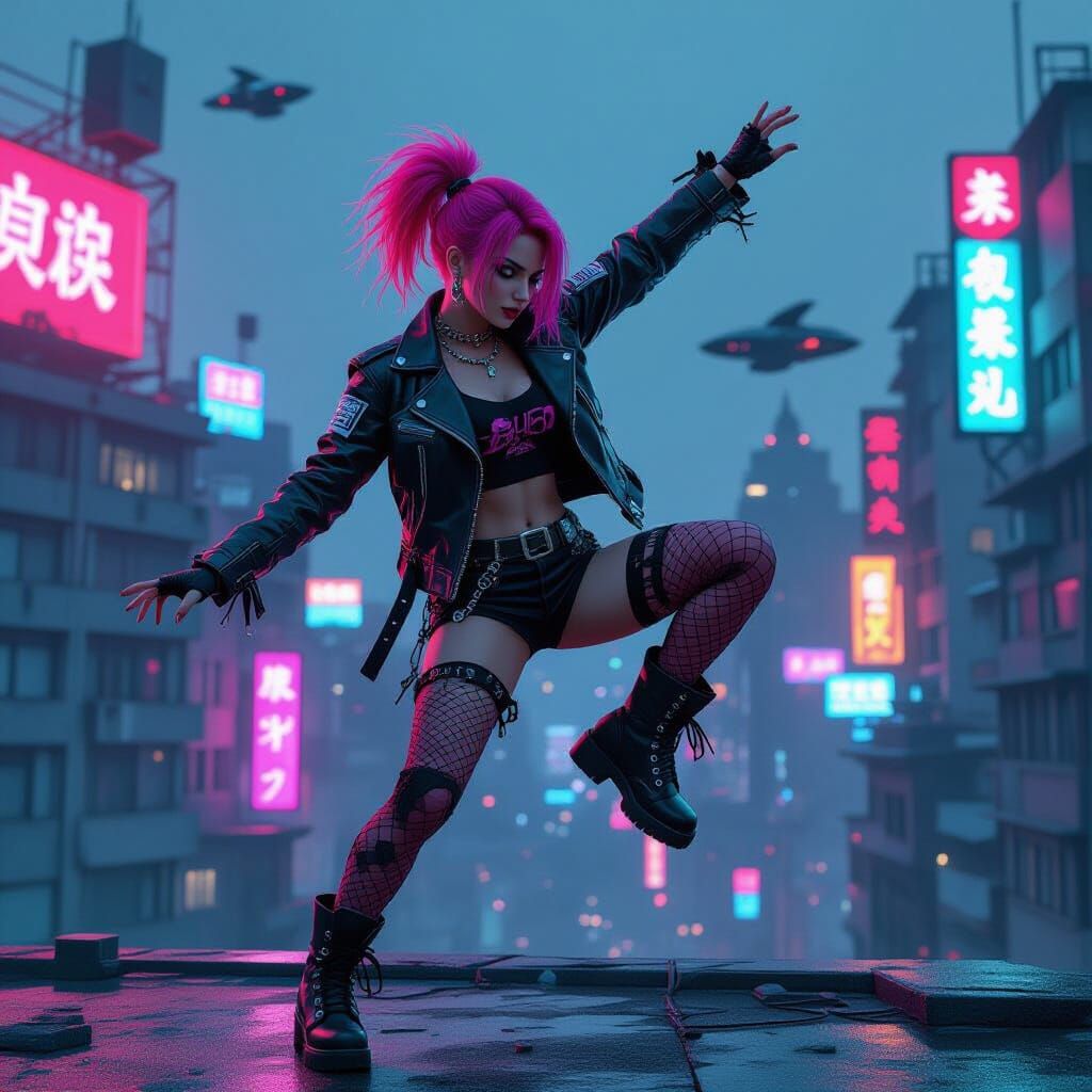 Cyberpunk Dancer on Gritty Rooftop in Splash Art