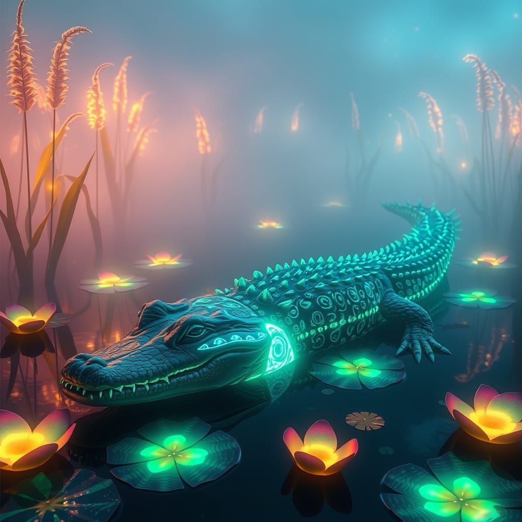 Cyberpunk Bioluminescent Alligator in a Futuristic Swamp