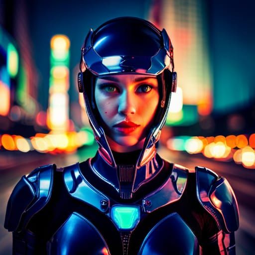 Cyborg Girl Portrait in Neon Cityscape