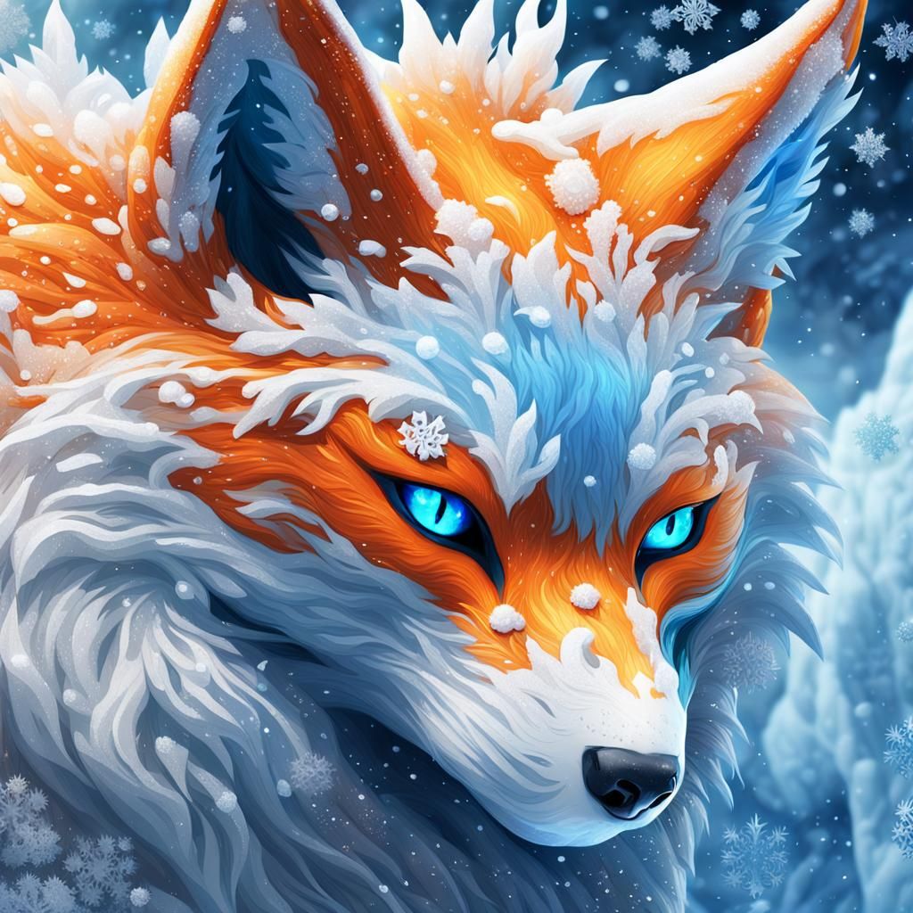 Shivering Blue Kitsune in Winter Landscape