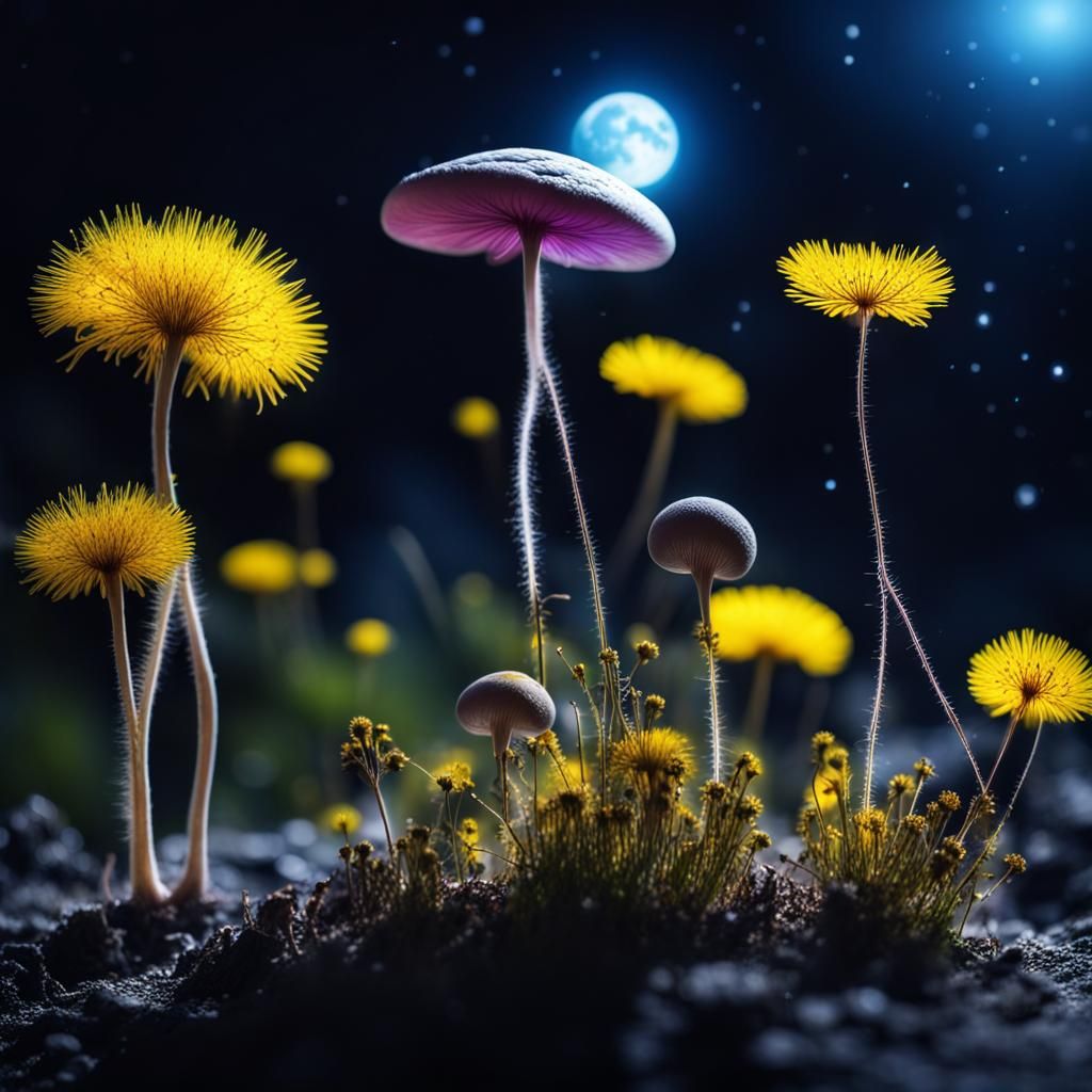 Glowing Alien Flora on Moon Surface at Night