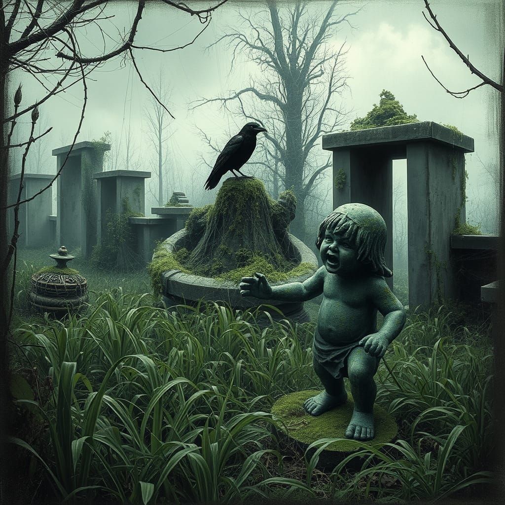 Eerie Abandoned Garden with Sinister Gnomes