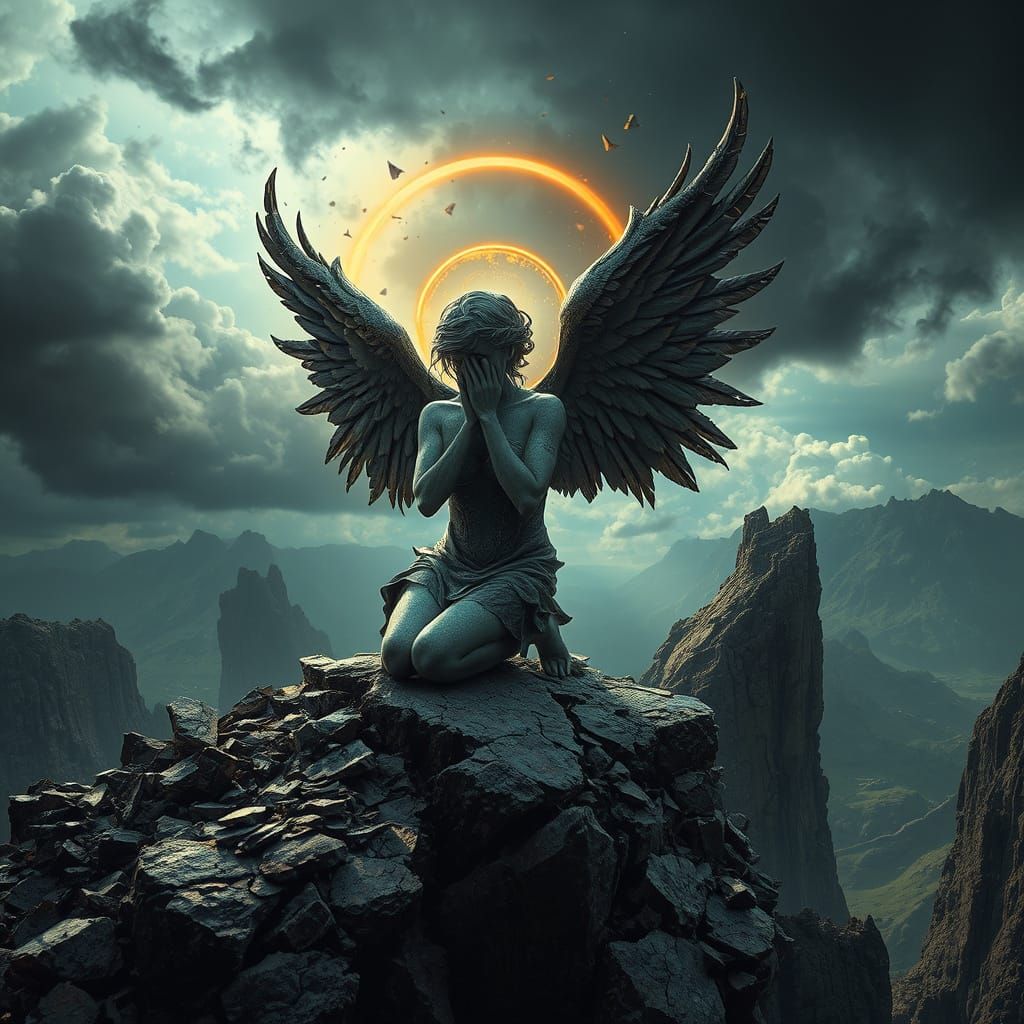 Shattered Angel's Lament in a Desolate Landscape