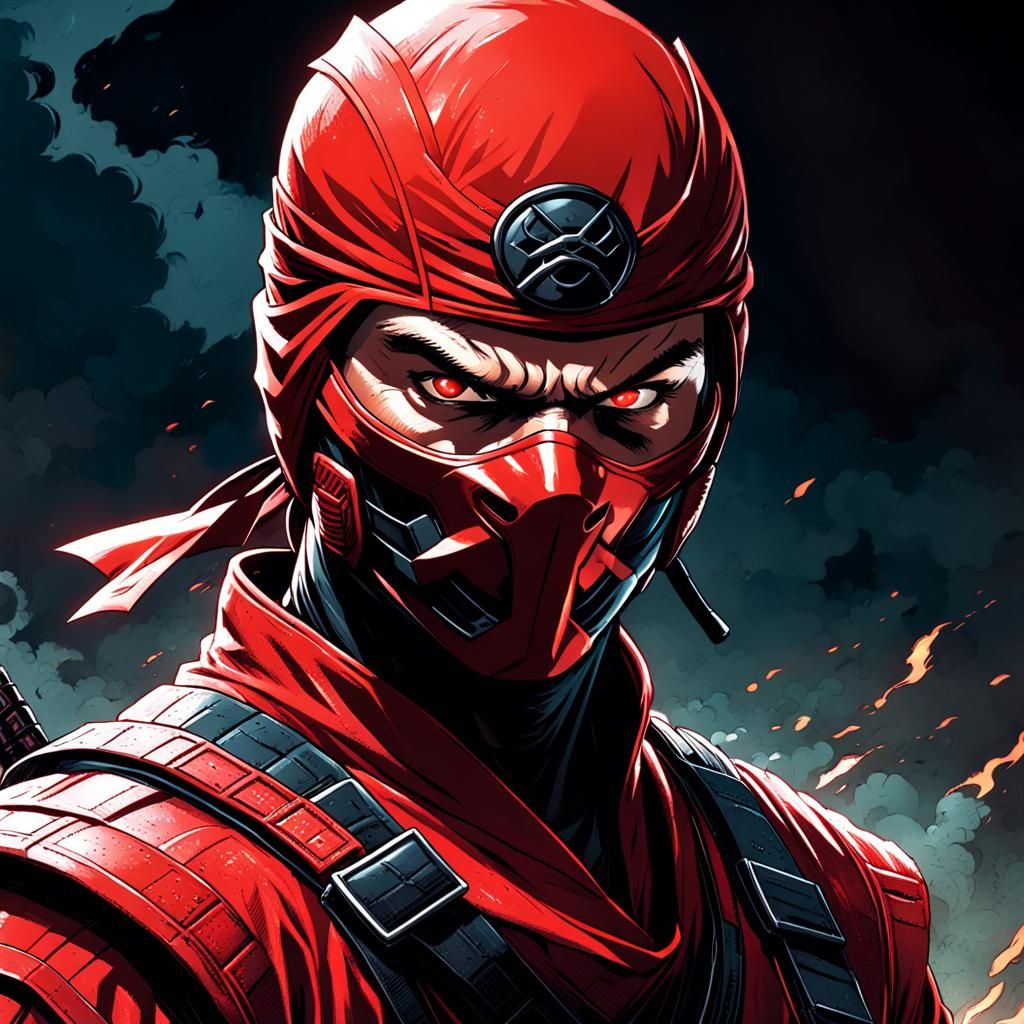 Menacing Red Ninja Villain in Comic Book Style