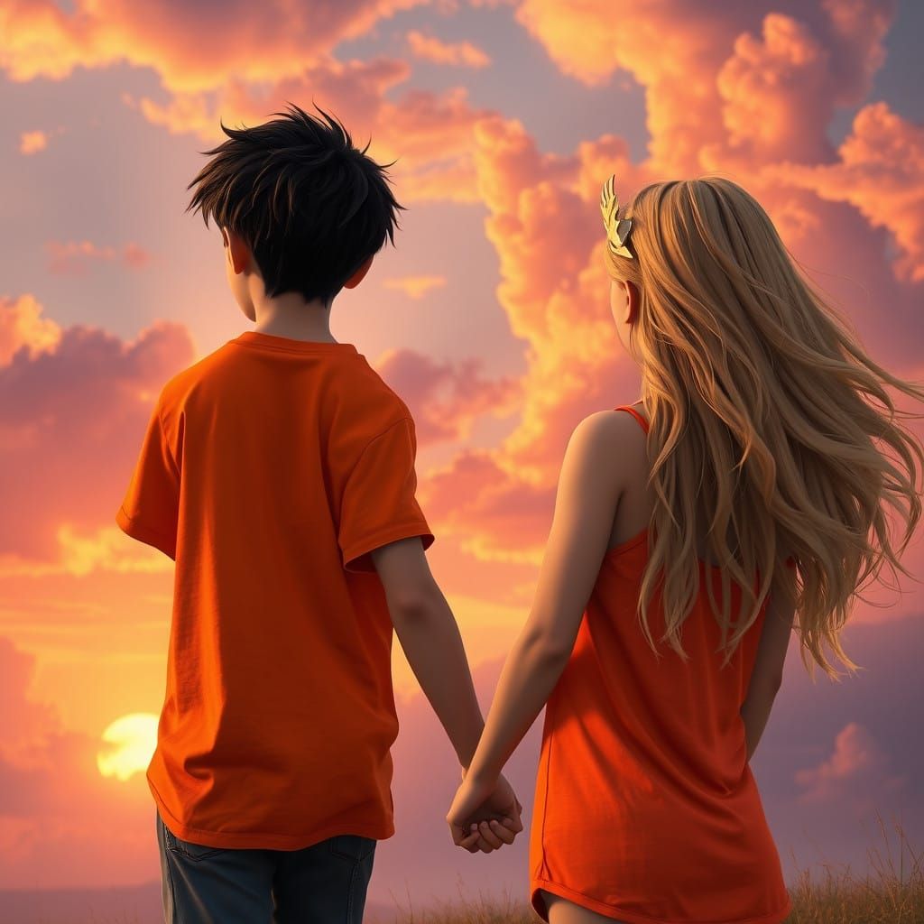 Youthful Couple Gazing at a Vibrant Sunset in a Fantastical...