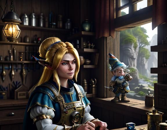 Gnome Repairs Automaton in Fantasy Realism
