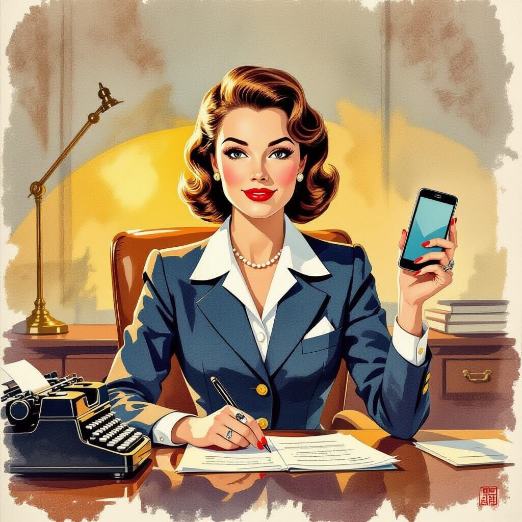 1950s Secretary with iPhone: Ink Wash Art