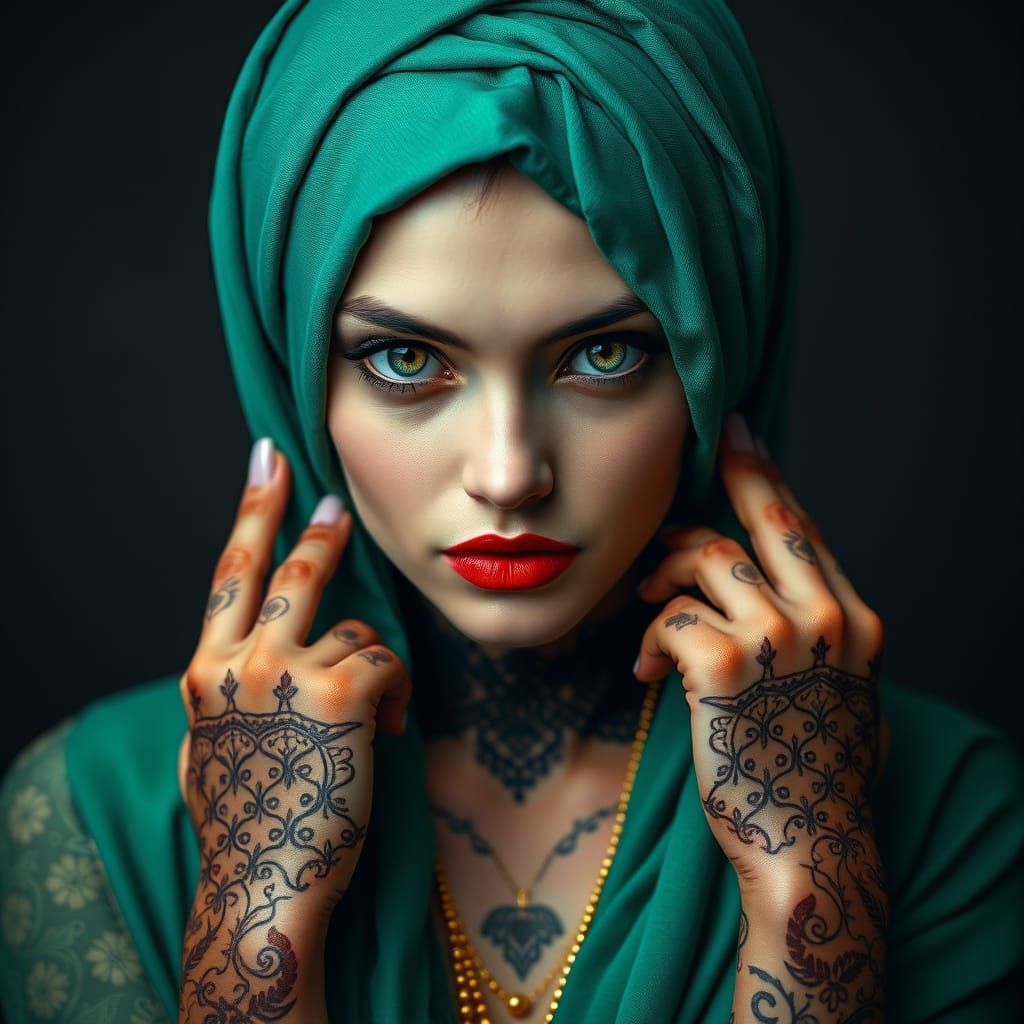 Elegant Woman with Intricate Henna Designs and Gold Jewelry