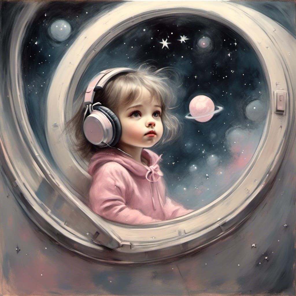 Whimsical Toddler Girl in Spaceship Illustration