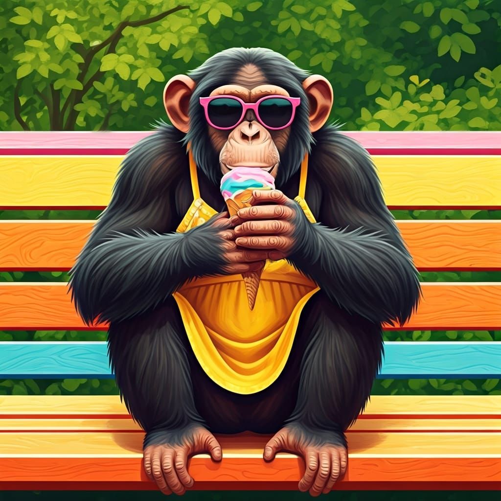 Chimpanzee in Sundress Enjoys Ice Cream, Whimsical Art