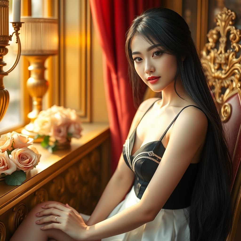 Glamorous Chinese Girl on Gold Bars