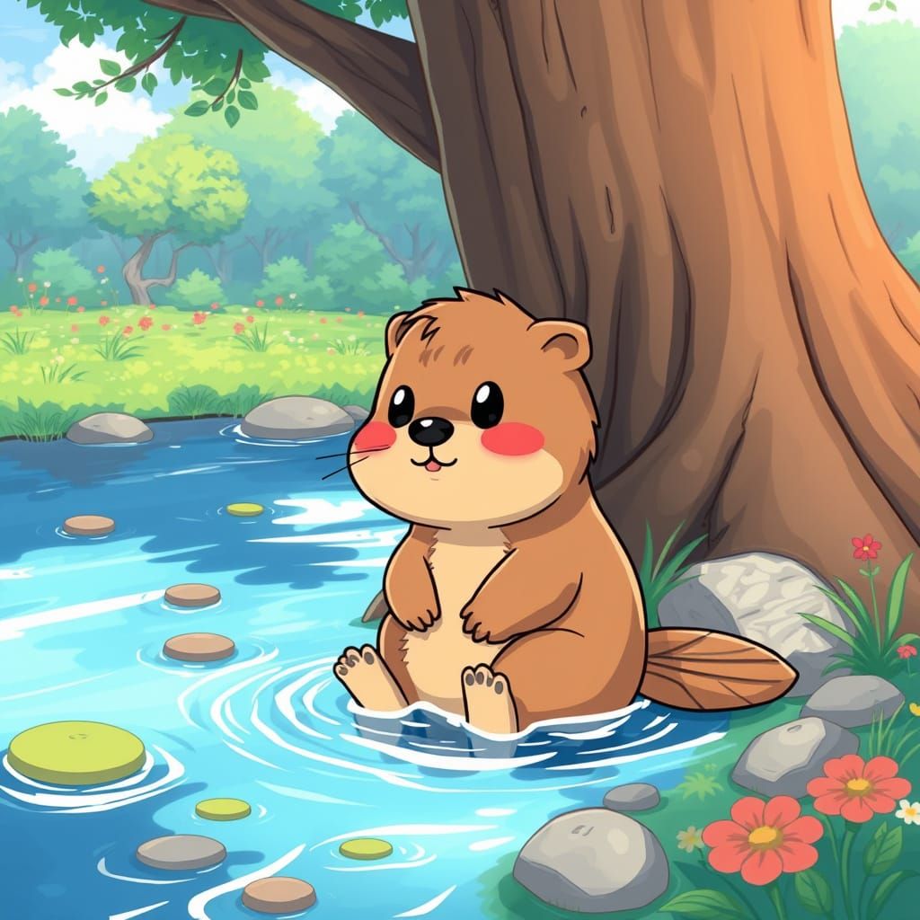 Cute Beaver in Anime Style River Scene