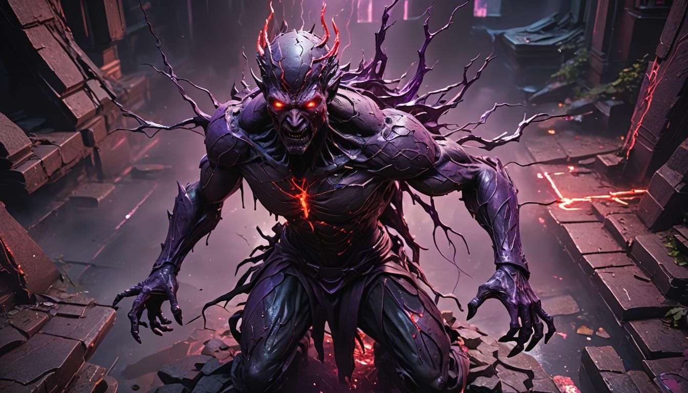 Demonic Statue with Neon Aura in Anime Style