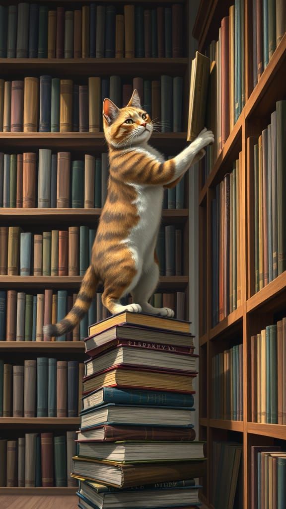 Anthropomorphic Cat Reaching for Book in Library