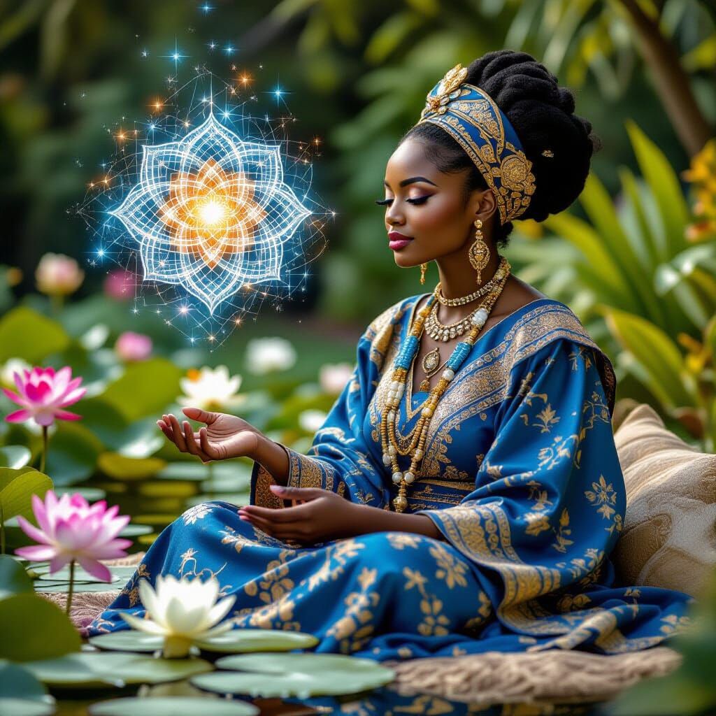 Zulu Woman Gazing at Magical Artifact in Garden