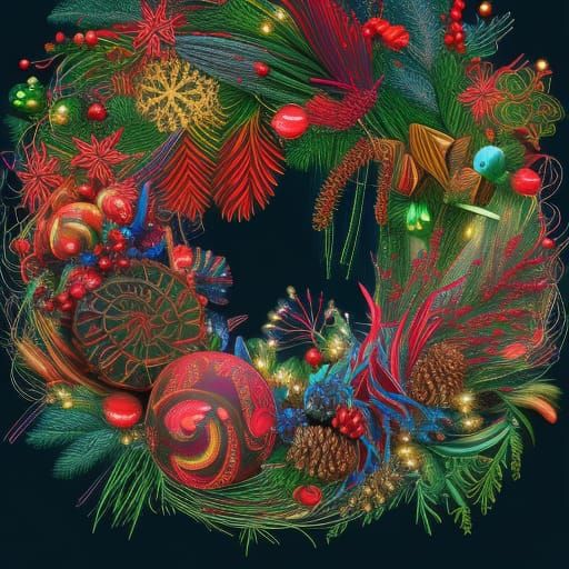 Detailed Christmas Wreath in Naive Art Style