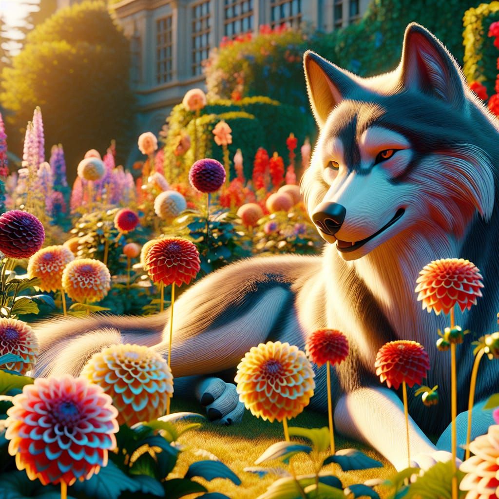Disney Pixar style 3D strikingly beautiful wolf, enjoying th...