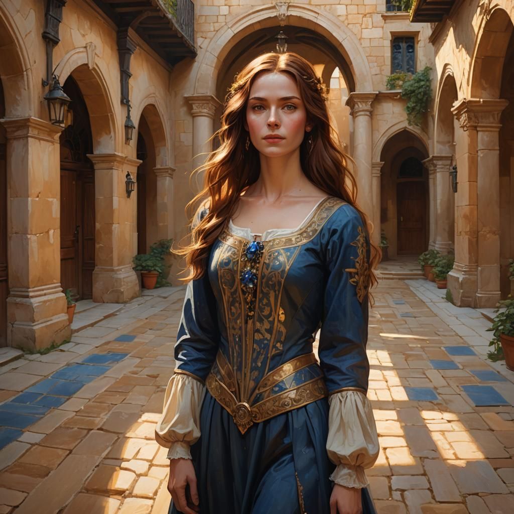 Renaissance Woman in Golden Courtyard, Painterly Style
