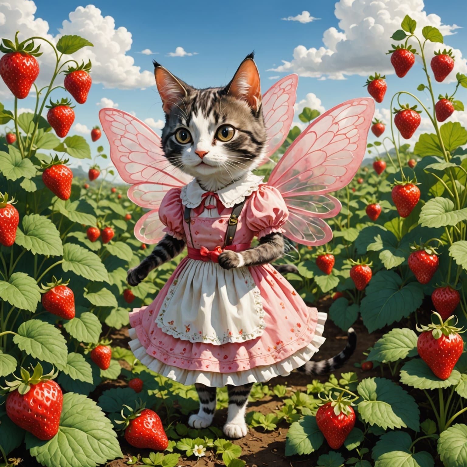Strawberry Fairy Cat in Lush Field, Painterly Style