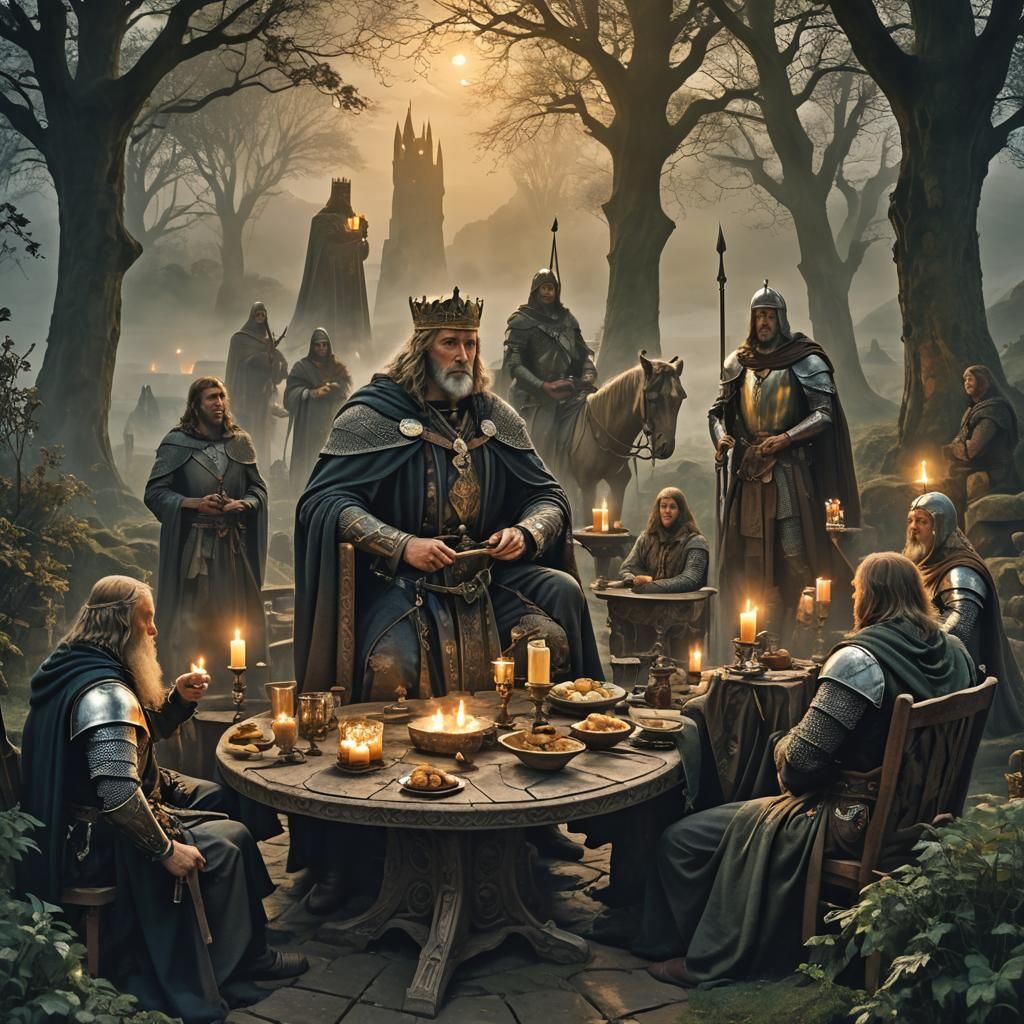 Arthurian Knights at Round Table in Misty Camelot