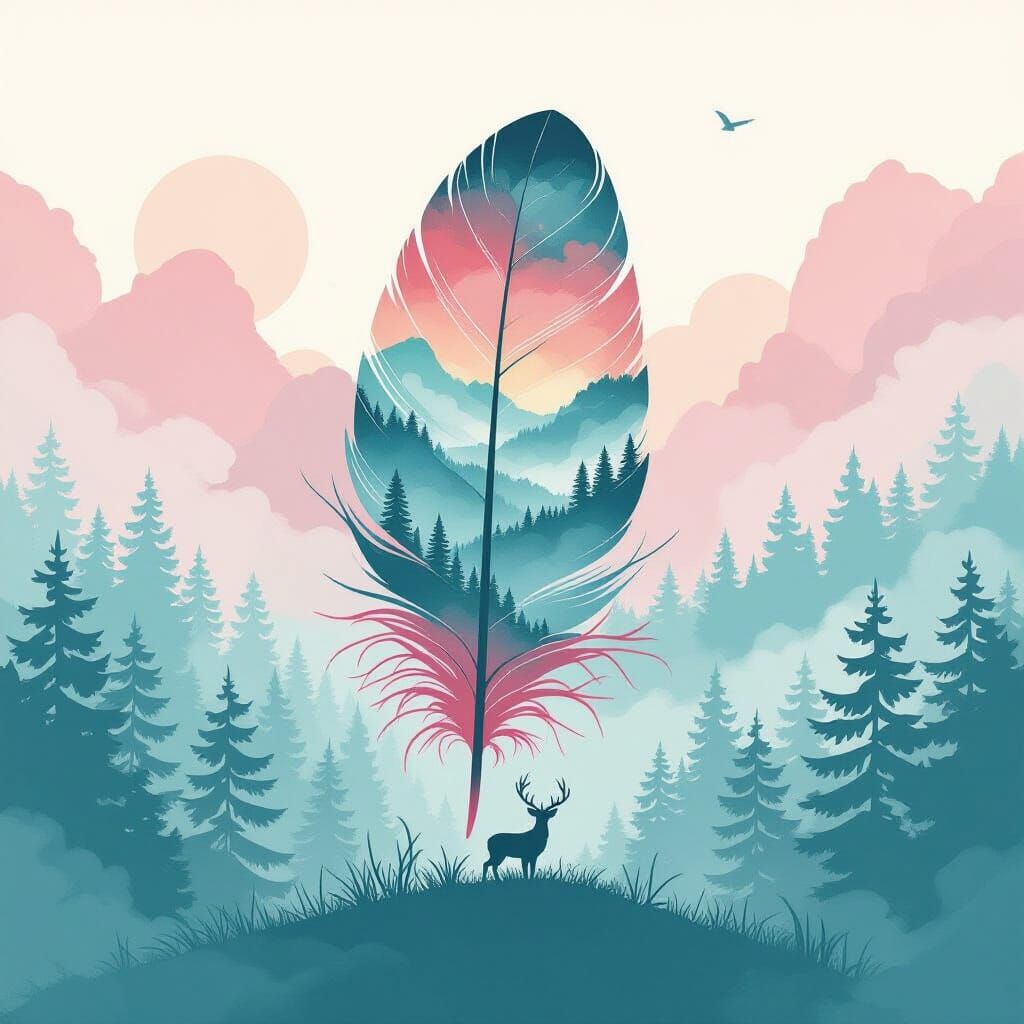 Feather Artwork with Watercolor Nature Scene