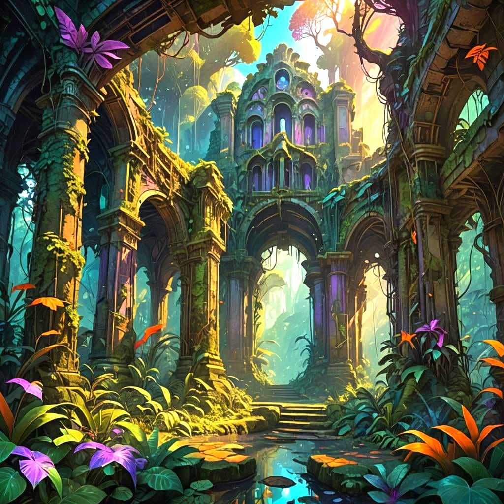 Cathedral Ruin in Vibrant Jungle Concept Art