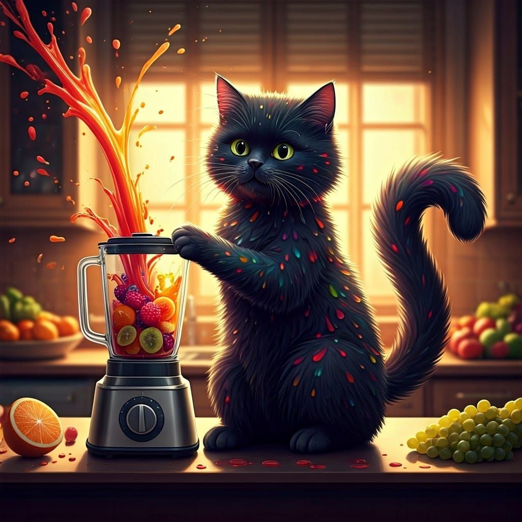 Whimsical Black Cat in Joyful Kitchen Chaos, Inspired by Imp...