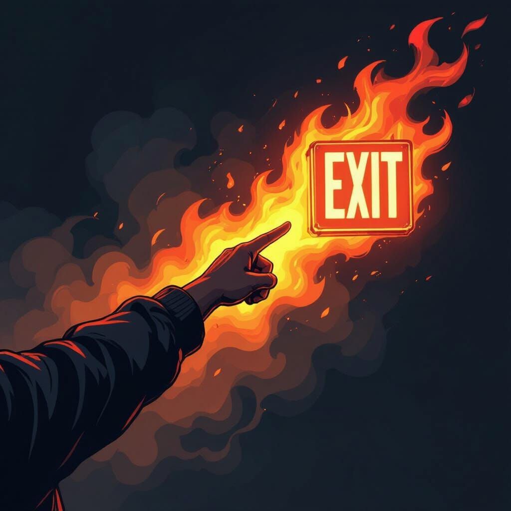 Fiery Exit Sign in Dynamic Comic Art Style