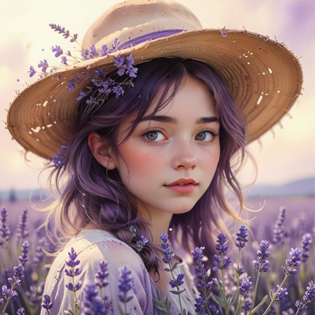 Cute Woman in Lavender Field, Whimsical Watercolor Art