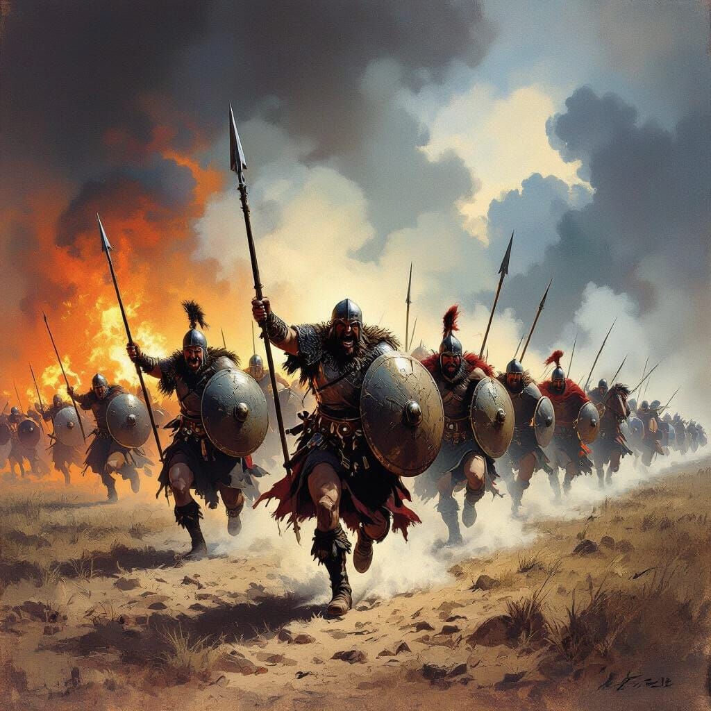 Medieval Battlefield Scene with Advancing Troops