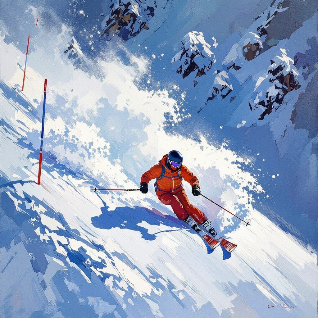 Professional Skier on Black Slope in Impressionist Style