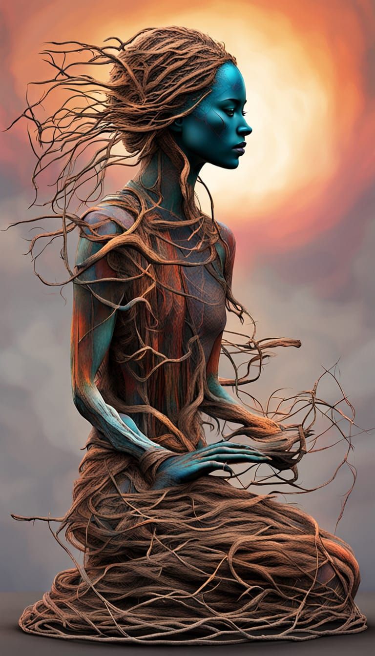 Surreal Glitch Art with Flowing Hair and Sunset