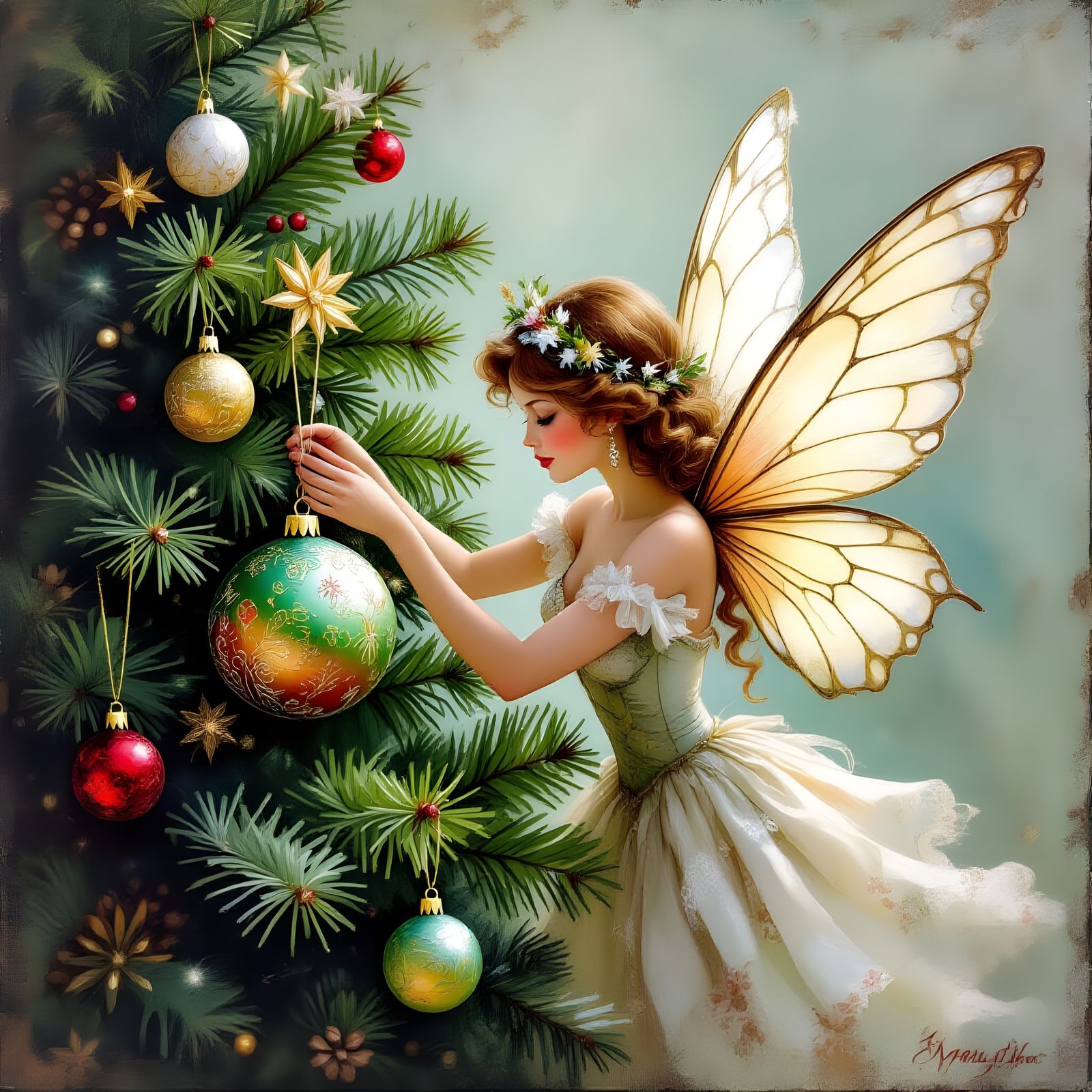 Vintage Fairy Decorates Christmas Tree, Watercolor Impasto