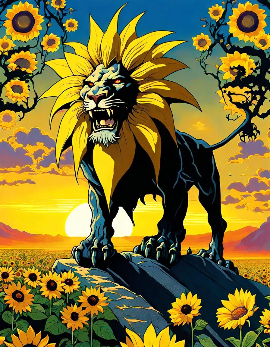 Surreal Plant Monster Lion Roaring on Cliff