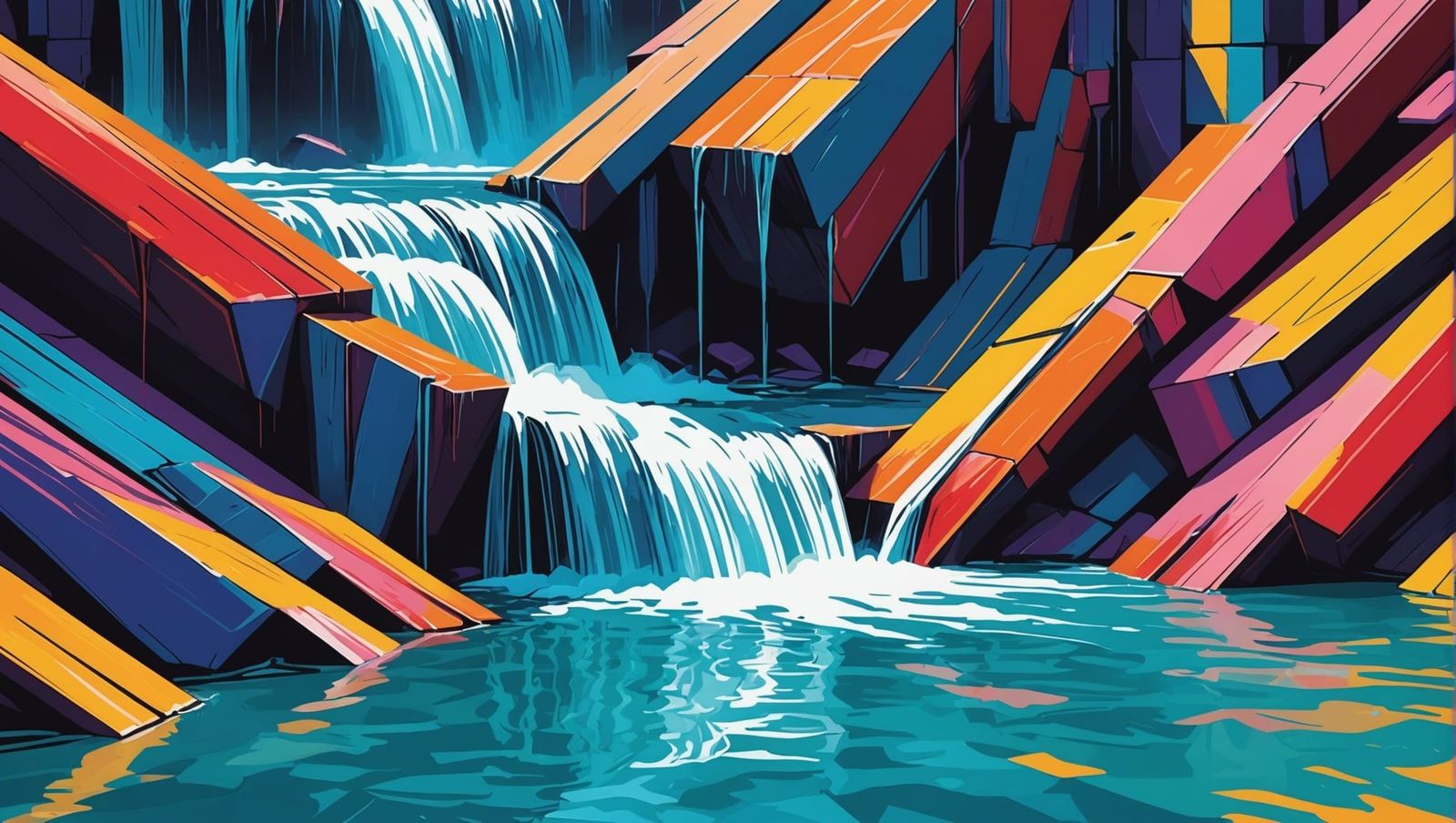 Abstract Cubist Waterfalls in Vibrant Colors