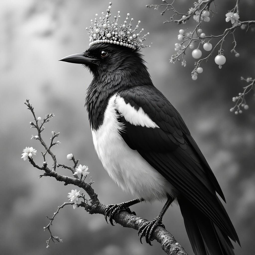 Black and white magpie wearing a Pearl crown