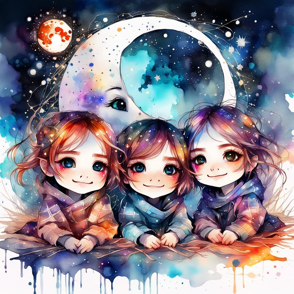Chibi Babies on Plaid Blanket in Watercolor Style