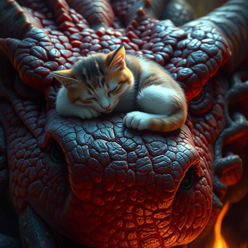 Cozy Cat Sleeps on Dragon's Nose, Fantasy Realism