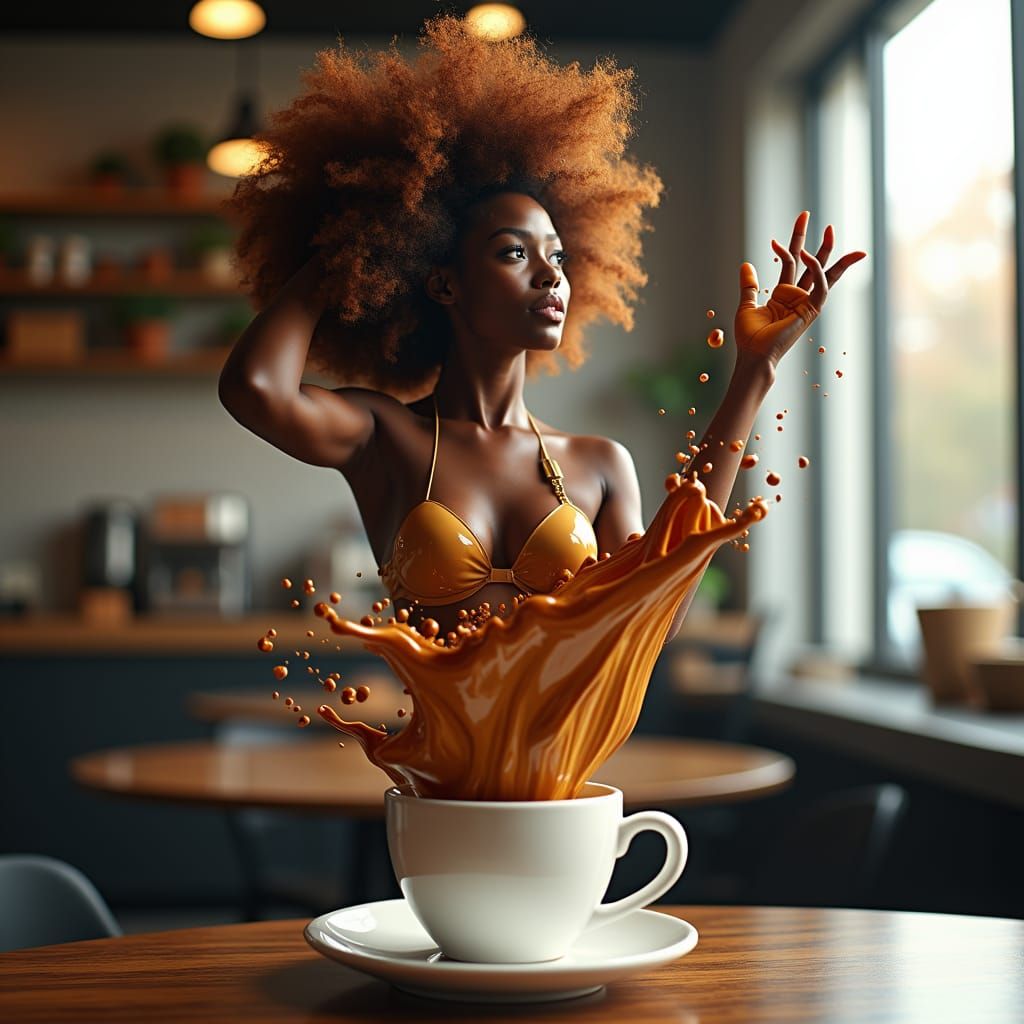 Coffee Woman Leaping From Cup: Ash Thorp Aesthetic