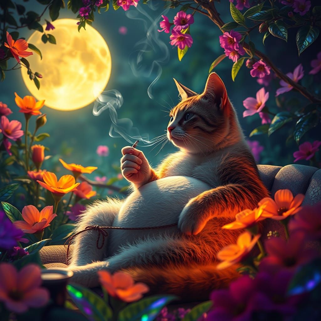 Pregnant Cat Smoking in Mystical Garden