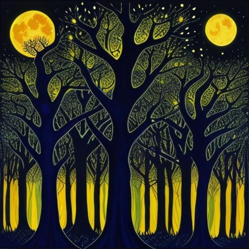 Moonlit Arabesque Forest in Impasto Alcohol Ink Style