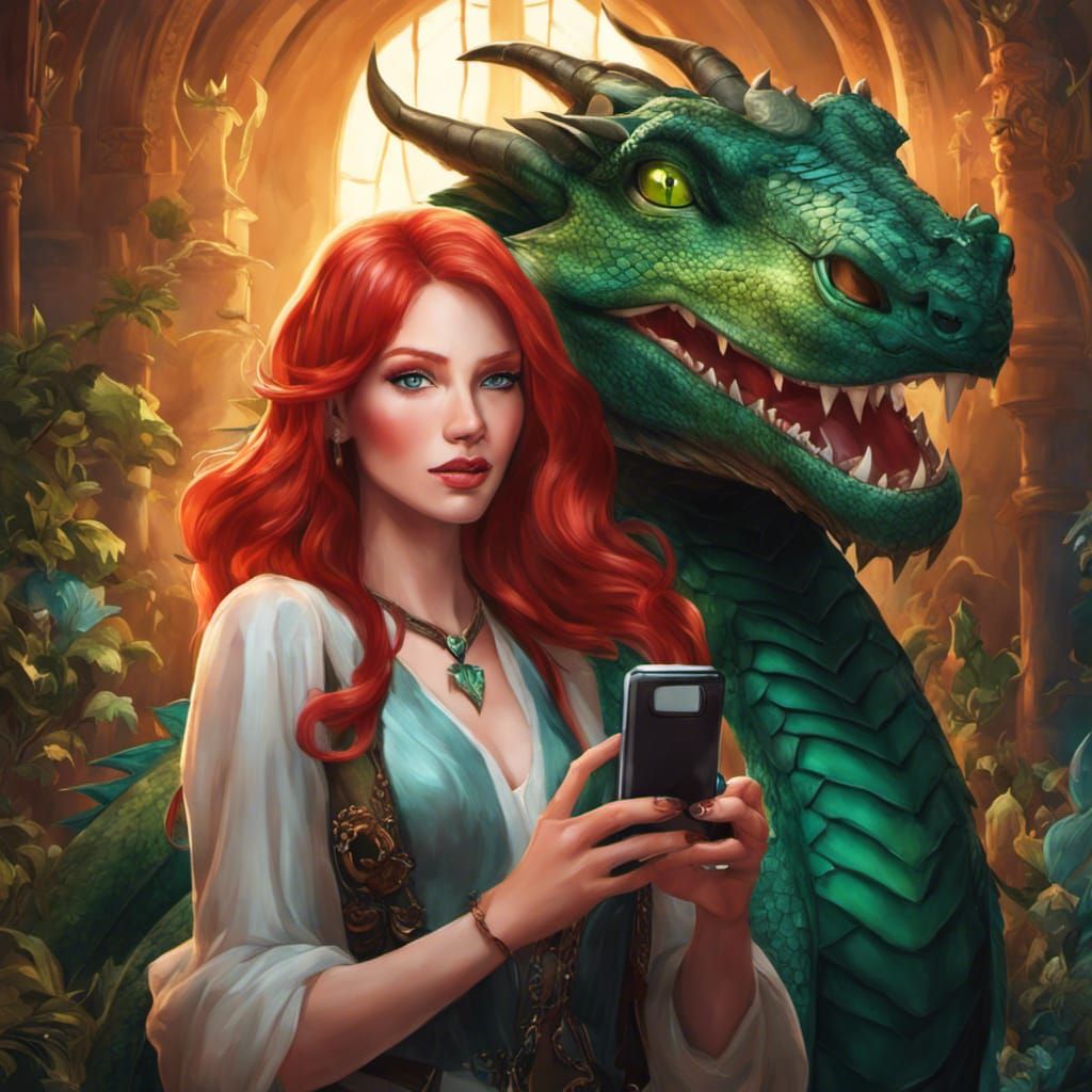 Redhead taking a selfie with her green dragon